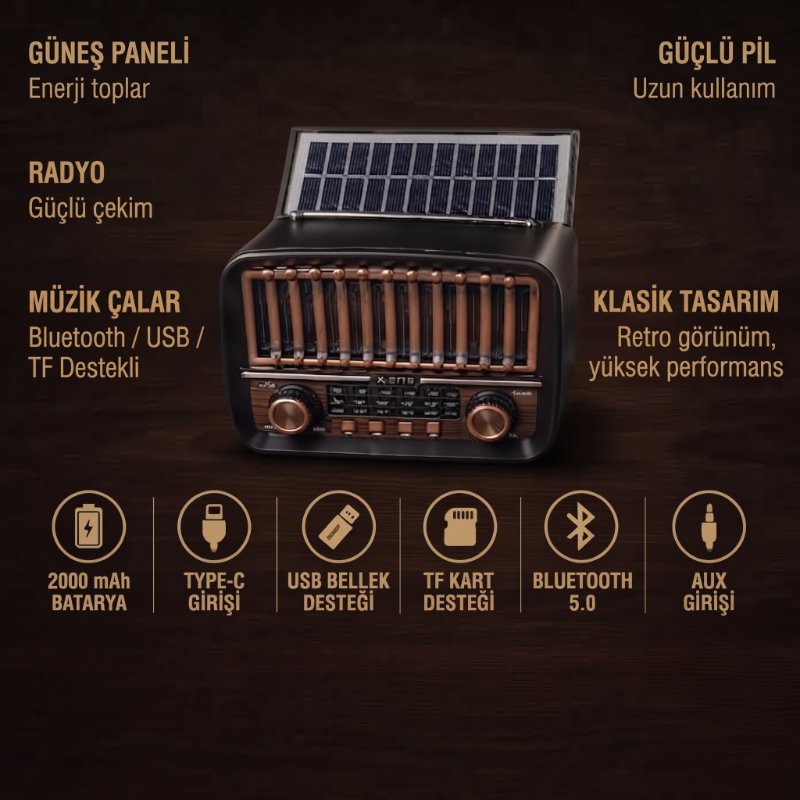Solar Panelli FM Radyo - Şarjlı - Bluetooth Özellikli - AUX Girişli - Nostaljik Tasarım  - 3
